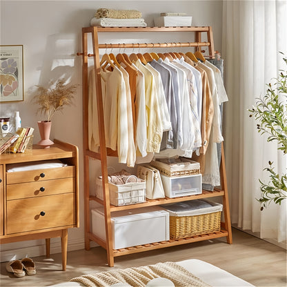 Appendiabiti in Bambù con 3 Ripiani e 10 Ganci, 80 x 43,5 x 165 cm, Organizzatore Portatile per Abiti Scarpe Cappelli Borse da Ingresso Camera Soggiorno