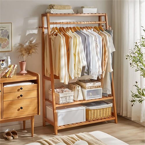 Appendiabiti in Bambù con 3 Ripiani e 10 Ganci, 80 x 43,5 x 165 cm, Organizzatore Portatile per Abiti Scarpe Cappelli Borse da Ingresso Camera Soggiorno