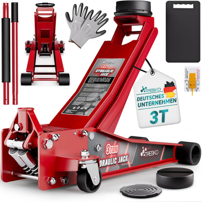 Cric idraulico per auto TRESKO® 2.5 - 3T | Cric idraulico per spostamento auto e SUV con ruote piane e a 360°, include 2 guarnizioni in gomma, tappetino protettivo, guanti