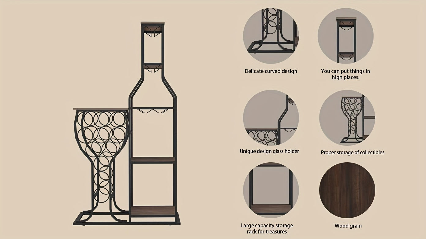 1 pz. Portavino da fornaio a 11 bottiglie, portavino indipendente a 5 livelli con porta bicchieri da vino sospeso e ripiani portaoggetti, bar domestico per la conservazione di liquori e vino per cucina, sala da pranzo