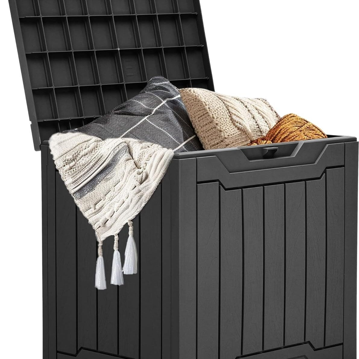 Scatola portaoggetti da esterno in resina da 117.35 L, contenitore da terrazza, organizer bloccabile per cuscini da patio ed attrezzatura da giardino