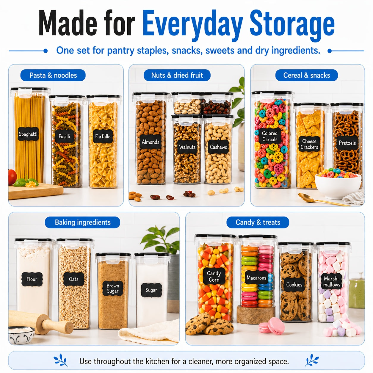 Set da 96/60/22 pezzi // Confezione di contenitori ermetici per alimenti con coperchi a scatto adatti per pasta, farina, zucchero e prodotti secchi - Barattoli e coperchi in plastica PP, organizzatori rettangolari per dispensa per cereali, snack, conserva