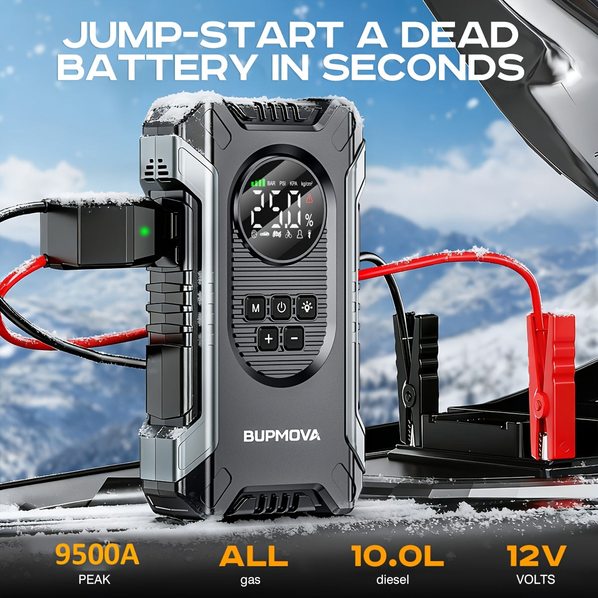 Avviatore di Emergenza per Auto con Compressore Aria e Gonfiatore Pneumatici, Booster Batteria 9500A con Power Bank e Torce LED, Box Avviatore Auto 12V per Tutti i Veicoli a Benzina o Diesel da 10.0L con Custodia Portatile, Cavi Smart con 10 Funzioni di P