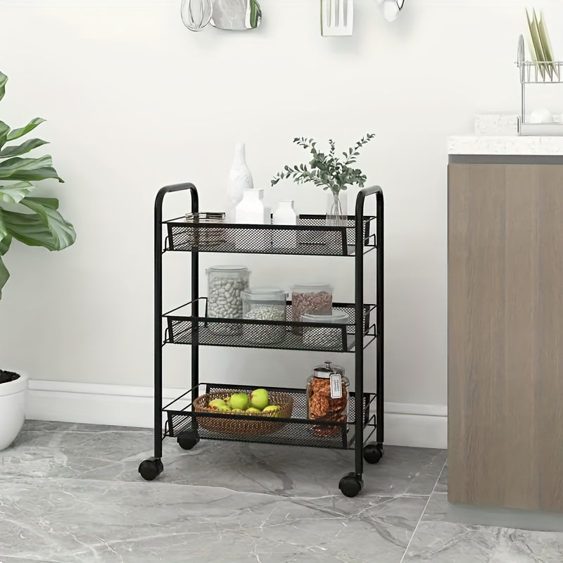 Scaffale Multifunzionale in Metallo a Tre/Quattro Livelli con Ruote, Scaffale Resistente Nero, Ideale per Garage e Cucina, Grande Capacità, Facile da Montare, Scaffale e Armadio per Cucina, Pratico e Funzionale, Perfetto per Cucina e Dispensa, Cestelli pe