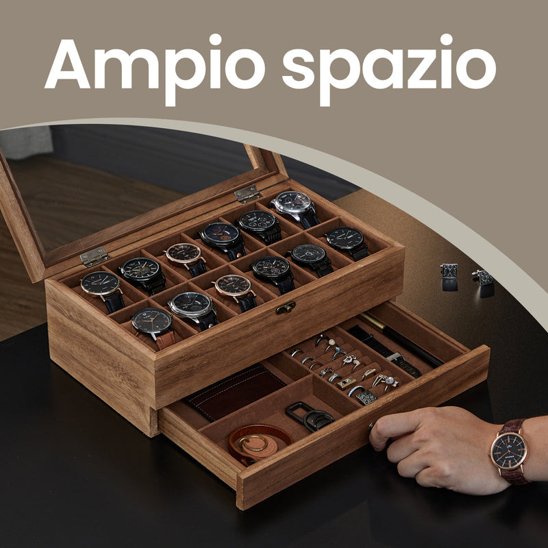 Scatola per Orologi, Porta Orologi in Legno, Scatola Portaorologi a 2 Livelli, 12 Posti, con Coperchio in Vetro, Cuscinetti per Orologi, Rivestimento in Velluto, scatola di conservazione a grande capacità per la casa, scelta ideale per i regali, scomparti