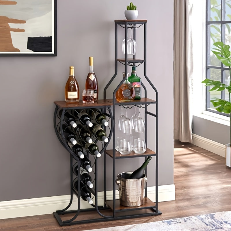 1 pz. Portavino da fornaio a 11 bottiglie, portavino indipendente a 5 livelli con porta bicchieri da vino sospeso e ripiani portaoggetti, bar domestico per la conservazione di liquori e vino per cucina, sala da pranzo