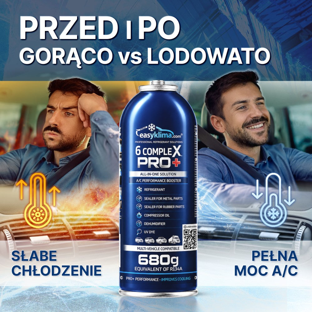Kit 2x EasyKlima 6 Complex PRO+ R134a 6 in 1, due preparati per aria condizionata automobilistica, bombola da 680 g, agente di ricarica per impianti, sigillante per gomma e metallo, olio per compressore, essiccante per riduzione umidità, colorante UV per