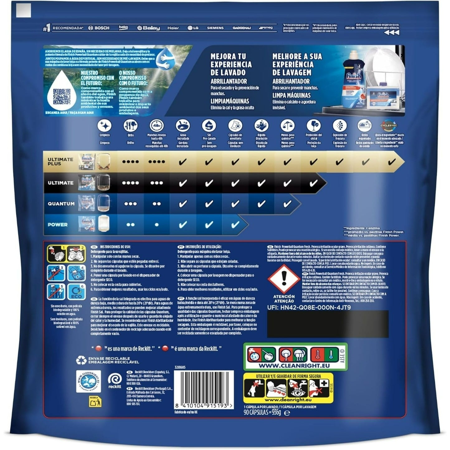 Finish Quantum Powerball 90 Capsule (936G) - Detersivo per lavastoviglie con effetto lucido e pulizia profonda