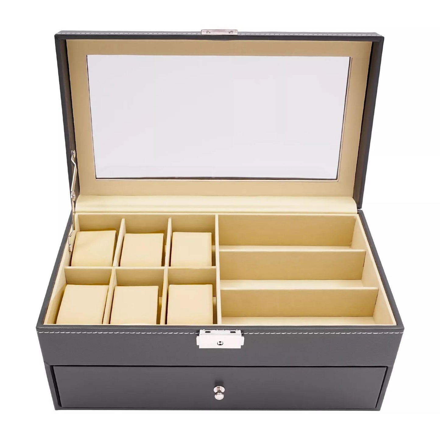Porta Orologi in Ecopelle Nera, Custodia per Gioielli, Porta Occhiali da Vista e Porta Occhiali da Sole con Cassetto Espositore e Serratura (Porta Occhiali a 9 Scomparti e Porta Orologi a 6 Scomparti)