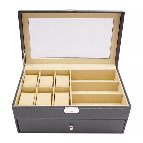 Porta Orologi in Ecopelle Nera, Custodia per Gioielli, Porta Occhiali da Vista e Porta Occhiali da Sole con Cassetto Espositore e Serratura (Porta Occhiali a 9 Scomparti e Porta Orologi a 6 Scomparti)