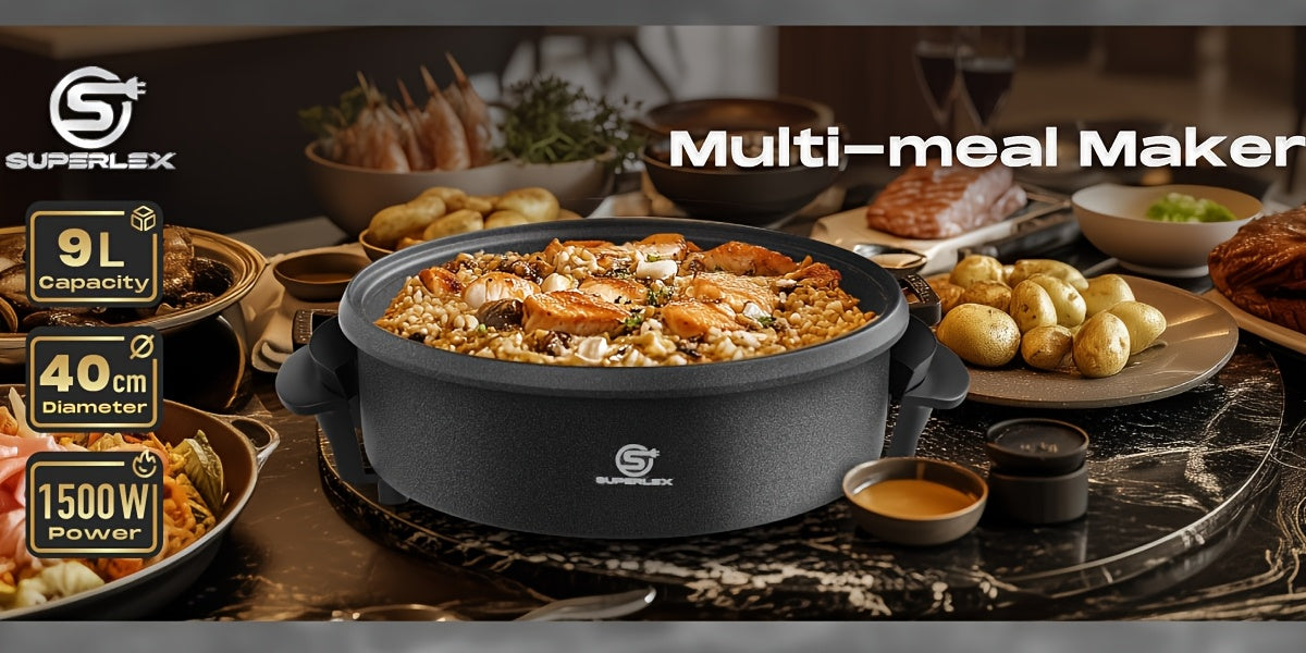 SUPERLEX 40X7Cm Padella Elettrica Multiuso | 1500W Antiaderente con Piastra in Alluminio | Base in Acciaio | Coperchio in Vetro Temperato | Termostato Regolabile | Ampia Capacità di 7L per Pizza, Feste & Cucina Familiare