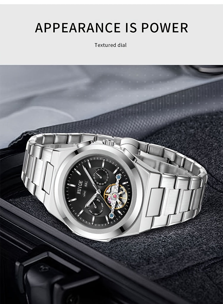 Orologio da uomo elegante automatico meccanico con cinturino in acciaio inossidabile, con funzioni business e sportive, display multipli, calendario, lancette luminose e design scheletrato. Un regalo perfetto per uomo.