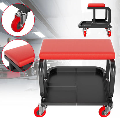 Sgabello da lavoro, sedia da officina con area portaoggetti, carrello da officina, carrello porta attrezzi, sedia da lavoro con ruote