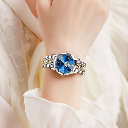OLEVS Orologio da Donna Classico Moda Analogico Quarzo Donna Orologio Elegante Lusso Piccolo Quadrante Cinturino in Acciaio Inossidabile Luminoso con Calendario Data Orologi da Donna Regali Romantici per Lei Orologio da Donna Quadrante Blu/Bianco/Dorato