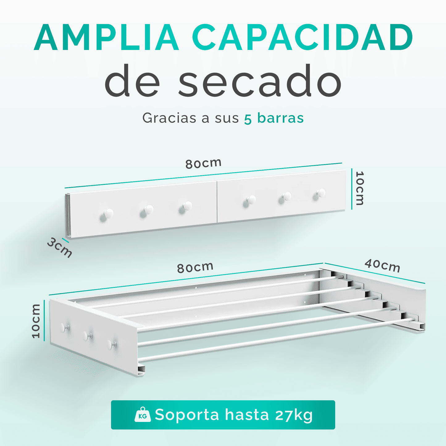 Stendibiancheria a muro retrattile e pieghevole RELAXTY, 80 cm | Stendibiancheria a muro pieghevoli per uso interno o esterno | Design compatto salvaspazio con capacità di 30 kg