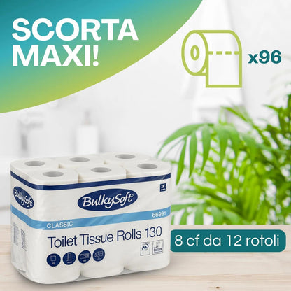 96 rotoli di Carta igienica da 130 strappi in carta in pura cellulosa a 2 veli - Carta con Goffratura a Rombo - 8 confezioni da 12 rotoli -6991M