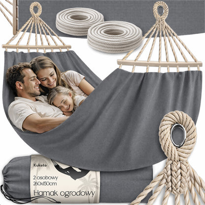 Kuketo - Amaca da giardino XXL per 2 persone 260x150 cm con asta in legno, amaca da viaggio con copertura per balcone, terrazza, giardino, orto, materiale durevole in cotone-poliestere, amaca stabile e robusta per relax, campeggio, viaggio, altalena da gi