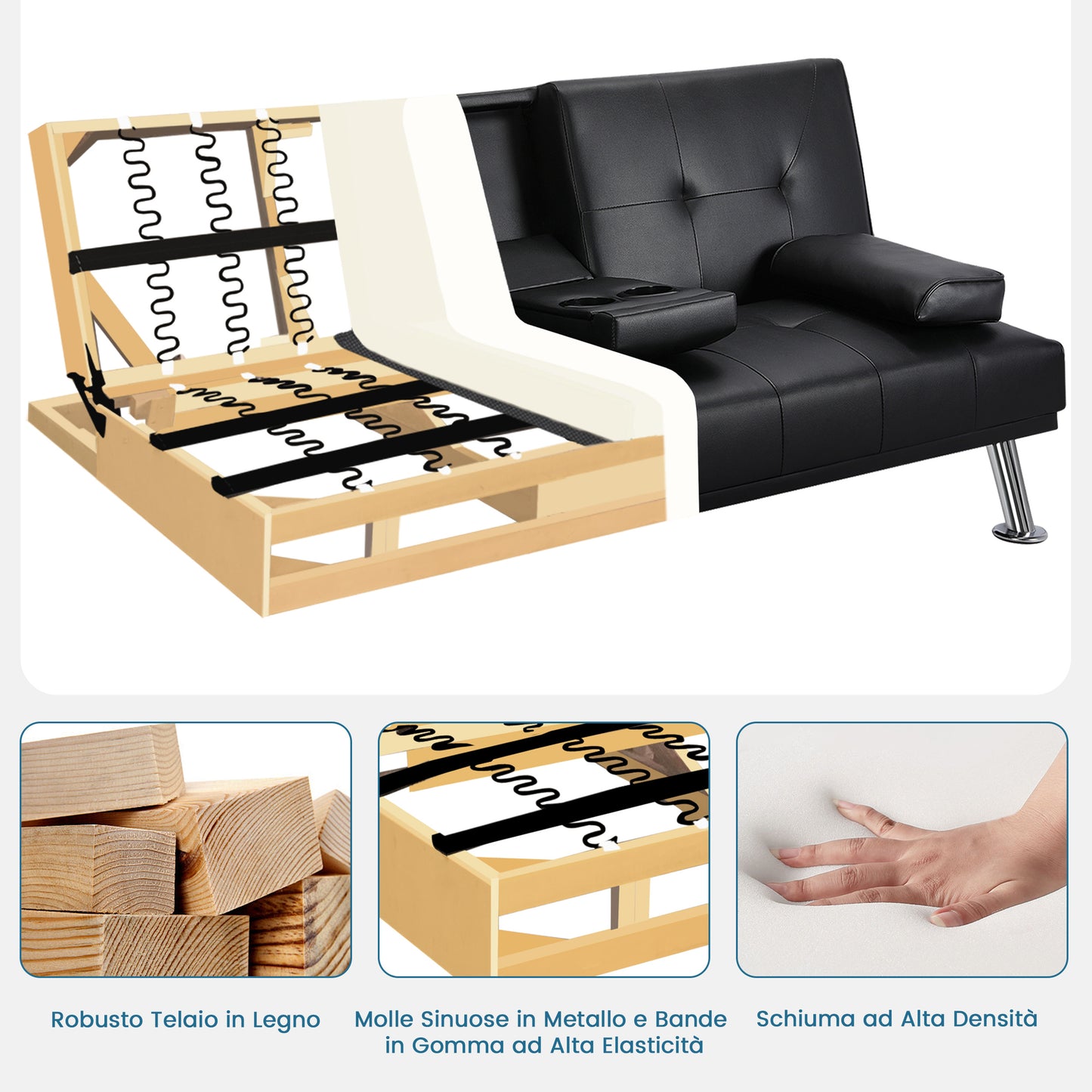 Costoffs Divano Letto a 3 Posti Divano Trasformabile con 2 Braccioli Staccabili Mobile Imbottito con Supporto Centrale Porta Bicchieri Divanetto Reclinabile da Salotto