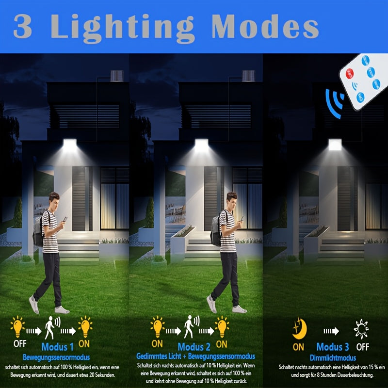 2/1 pz Lampade Solari da Parete, con Telecomando, Luce Solare da Giardino per Esterni, Sensore di Movimento PIR, 3 Modalità di Illuminazione, IP65, con Cavo da 5M, Lampada Solare da Giardino 2In1 per Interni ed Esterni, 230LED, Grandangolo, per Cortile, S