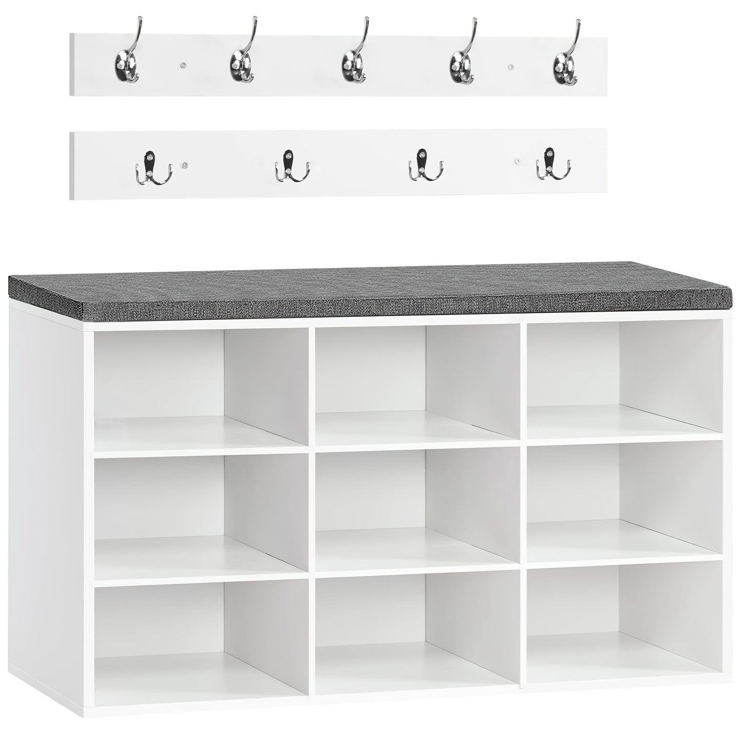 Set scarpiera armadio, divanetto scarpiera con 9 f, scarpiera con divanetto imbottito, appendiabiti da parete con 9 ganci, mobiletto scarpe per ingresso, corridoio, camera da letto, bianco