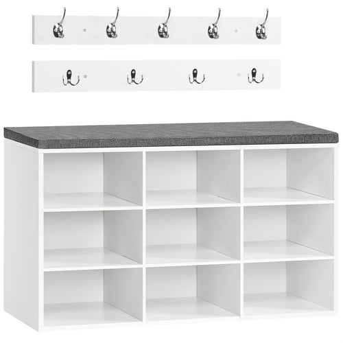 Set scarpiera armadio, divanetto scarpiera con 9 f, scarpiera con divanetto imbottito, appendiabiti da parete con 9 ganci, mobiletto scarpe per ingresso, corridoio, camera da letto, bianco