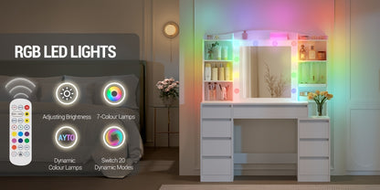 Tavolo da trucco con 8 cassetti, grande specchio con illuminazione LED RGB, ripiano portagioie integrato, piano di lavoro largo 120 cm con comodino, bianco