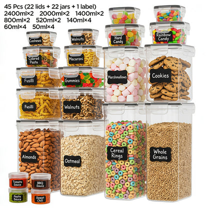 Set da 96/60/22 pezzi // Confezione di contenitori ermetici per alimenti con coperchi a scatto adatti per pasta, farina, zucchero e prodotti secchi - Barattoli e coperchi in plastica PP, organizzatori rettangolari per dispensa per cereali, snack, conserva