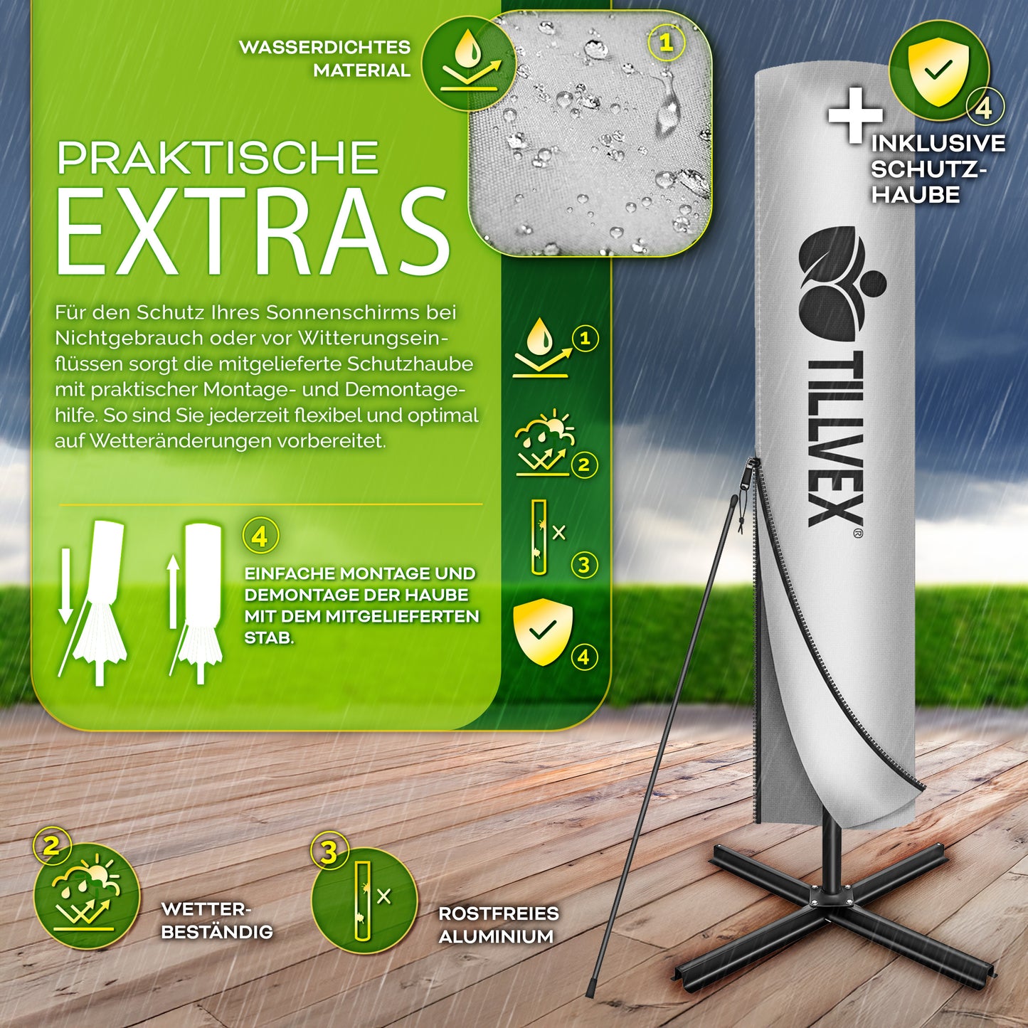 Tillvex® Parasole Rettangolare in Alluminio Ø 330 Cm + Copertura con Manovella | Schermo Angolare a Luce Rossa con Supporto & Parabrezza | Grande Parasole da Giardino in Alluminio Protezione UV | Schermo con Manovella Impermeabile Girevole a 360° per Terr