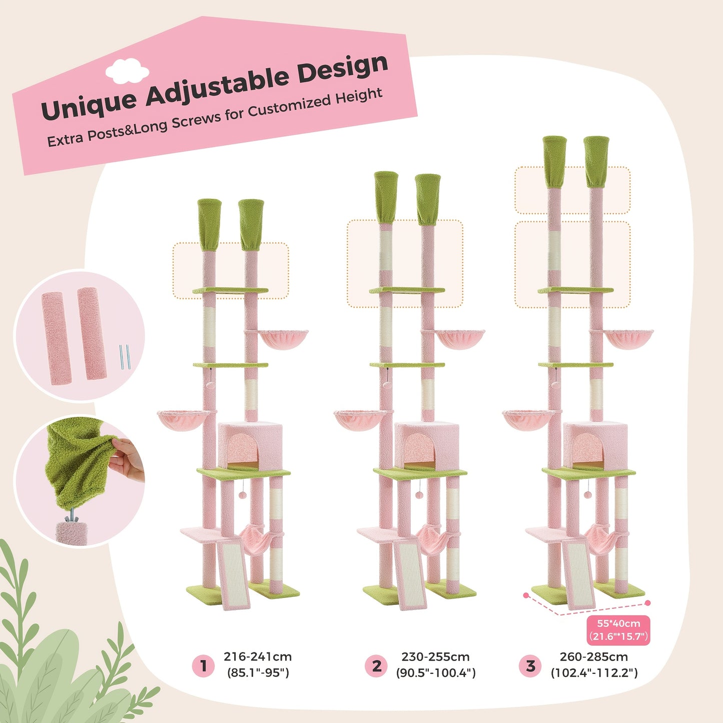Torre per gatti PAWZ ROAD con post per graffiare a forma di cactus, alta da soffitto a pavimento, con grande condominio e altezza regolabile da 216 cm a 285 cm, centro attività per gatti a 5 livelli con amaca accogliente, piattaforme e palline pendenti.