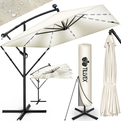 Tillvex® Tenda da Sole Rettangolare in Alluminio con LED Solare Ø 330 Cm + Copertura con Manovella | Ombrello Angolare con Luce Stradale, Supporto e Parabrezza | Grande Ombrello da Giardino in Alluminio con Protezione UV | Ombrello con Manovella, Ombrello