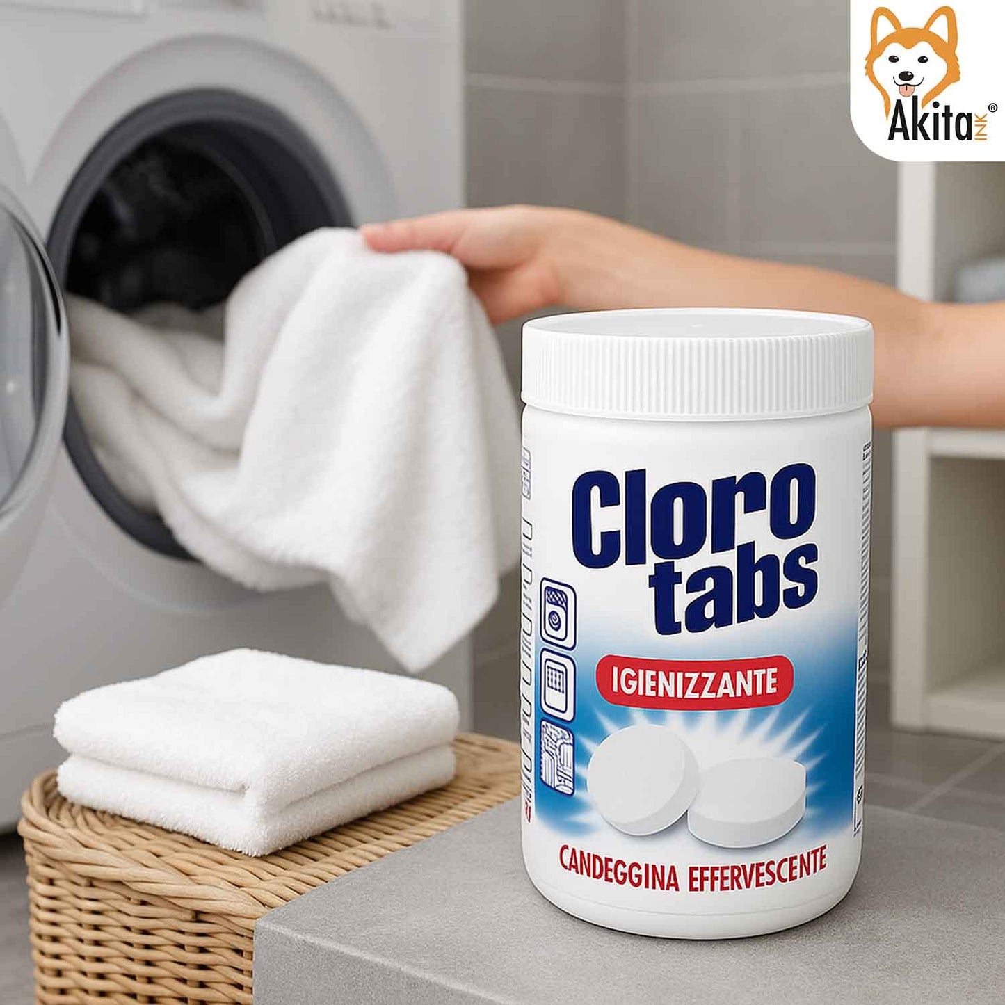 Akitaink Cloro Tabs 1kg – Pastiglie Multiuso di Candeggina Effervescente al Cloro Attivo, Igienizzanti, Sbiancanti e Deodoranti per Pulizia Casa, WC, Lavatrice e Superfici