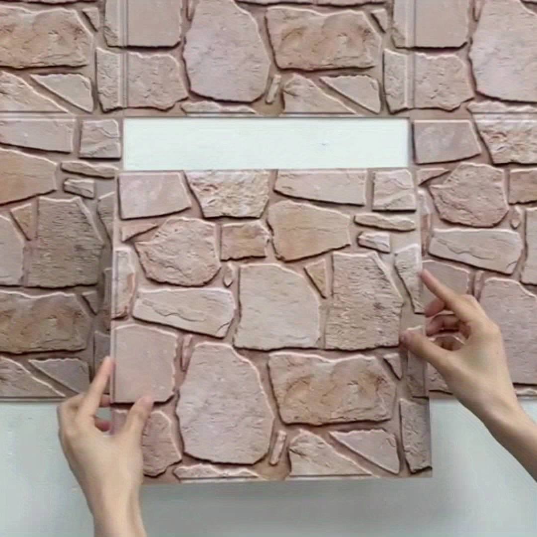 Questo pacchetto include dieci pannelli murali 3D autoadesivi con superficie in PVC effetto pietra, ciascuno misurato 30 per 30 centimetri, progettati per decorare pareti interne.