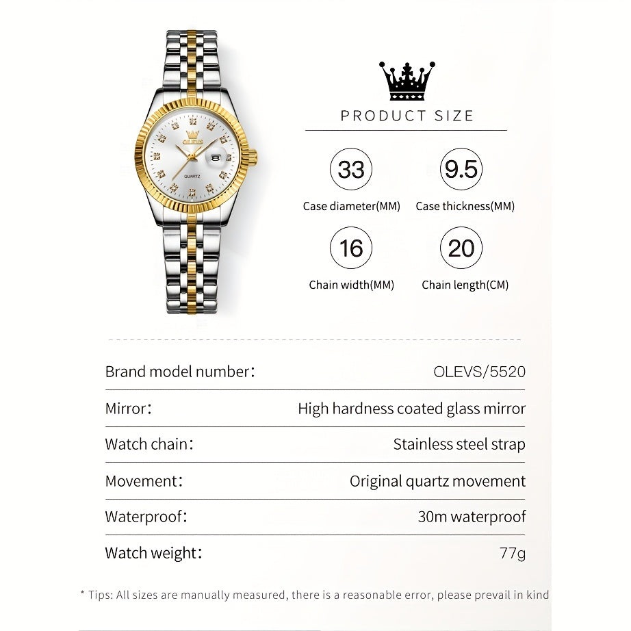 OLEVS Orologio da Donna Classico Business Dress Analogico Quarzo per Donne Elegante Lusso Acciaio Inossidabile Rheinstone Orologi da Donna Luminosi con Calendario Data per Donna Orologio da Polso Regali Romantici Reloj Para Mujer Quadrante Nero/Bianco/Dor