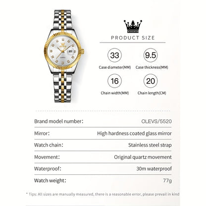 OLEVS Orologio da Donna Classico Business Dress Analogico Quarzo per Donne Elegante Lusso Acciaio Inossidabile Rheinstone Orologi da Donna Luminosi con Calendario Data per Donna Orologio da Polso Regali Romantici Reloj Para Mujer Quadrante Nero/Bianco/Dor