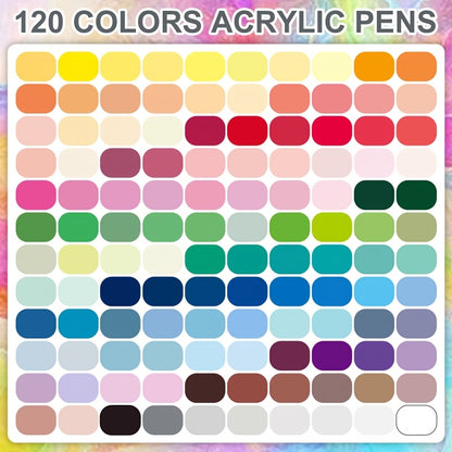 Pennarello Acrilico 120 Colori, Penna Acrilica a Doppia Punta con Pennello e Punta Fine, per Legno, Tela, Pietra, Pittura su Roccia, Vetro, Ceramica, Artigianato