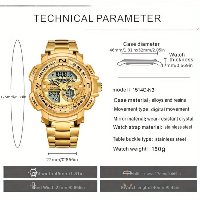 JOEFOX Orologio Sportivo da Uomo di Lusso con Doppio Display - Quadrante Grande, Luce Notturna LED, Impermeabile 3ATM, Cronografo e Sveglia, Orologio da Polso Stile Field da Uomo