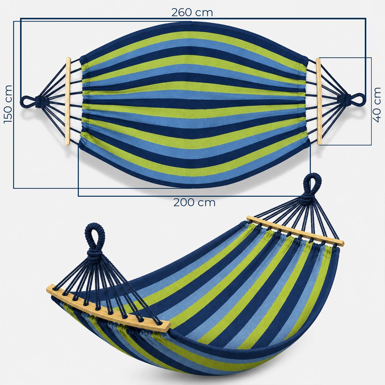 Kuketo - Amaca da giardino XXL per 2 persone 260x150 cm con asta in legno, amaca da viaggio con copertura per balcone, terrazza, giardino, orto, materiale durevole in cotone-poliestere, amaca stabile e robusta per relax, campeggio, viaggio, altalena da gi
