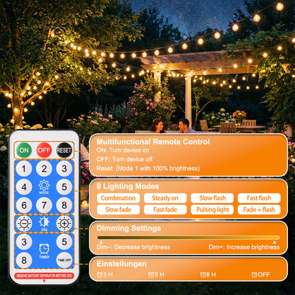 Catena Luminosa Solare da Esterno, 15M/20M/30M LED Luci da Giardino Dimmerabili Timer 8 modalità di illuminazione regolabili per Picnic Turistici, Atmosfera Decorativa, Illuminazione Cortile, Feste di Matrimonio, Cortili Esterni, Pergola Patio