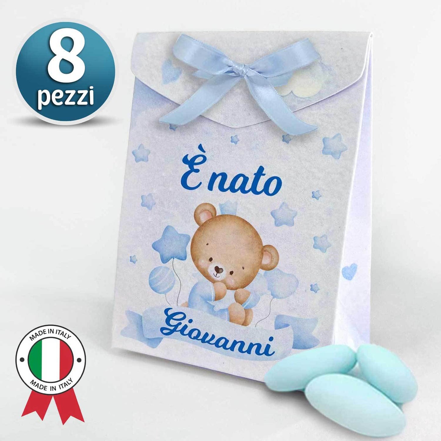 Set 8 Scatoline Bomboniere personalizzate con nome, Prima Nascita, Baby shower, scatole Portaconfetti + 4 mt. nastro raso, Festa nascita bimbo orsetto blu