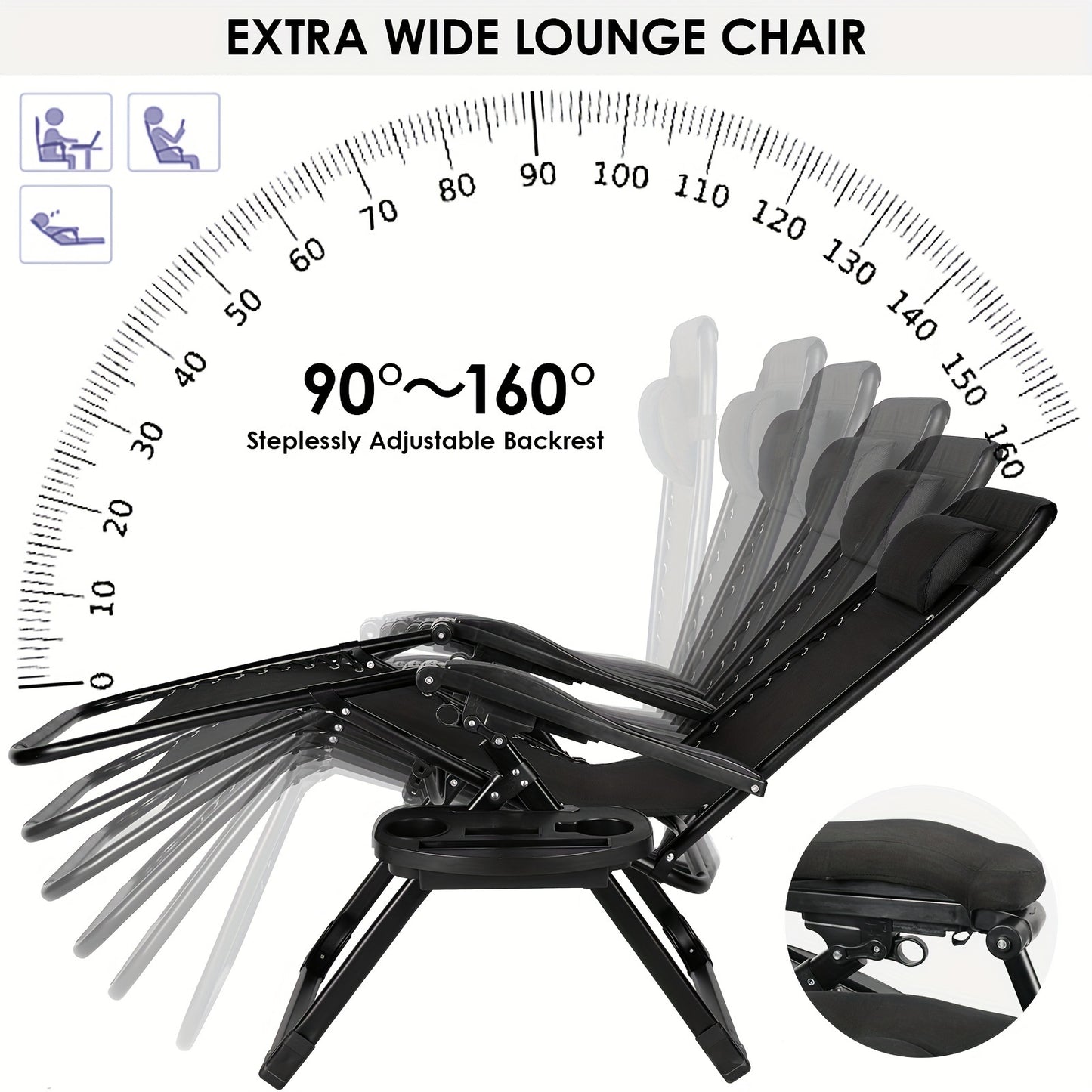 Sedia a sdraio pieghevole, cuscino in confortevole rimovibile, lettino per il sole, lettino da giardino, regolabile con poggiatesta e portabicchieri, adatta per giardino, piscina, balcone, 160 kg