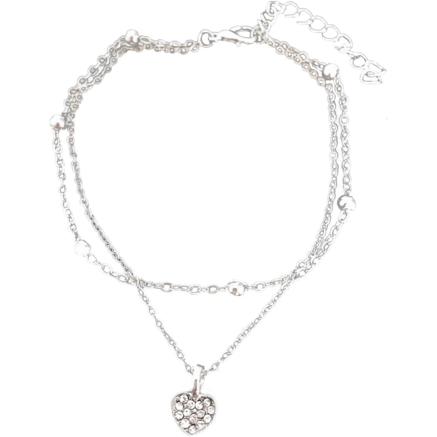 Catena alla caviglia da donna placcata in argento 925, a 2 strati con ciondolo a cuore Strass, elegante gioiello estivo da spiaggia, catena alla caviglia regolabile in stile boho, 20+7 cm, regalo per donne