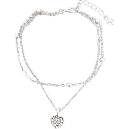 Catena alla caviglia da donna placcata in argento 925, a 2 strati con ciondolo a cuore Strass, elegante gioiello estivo da spiaggia, catena alla caviglia regolabile in stile boho, 20+7 cm, regalo per donne