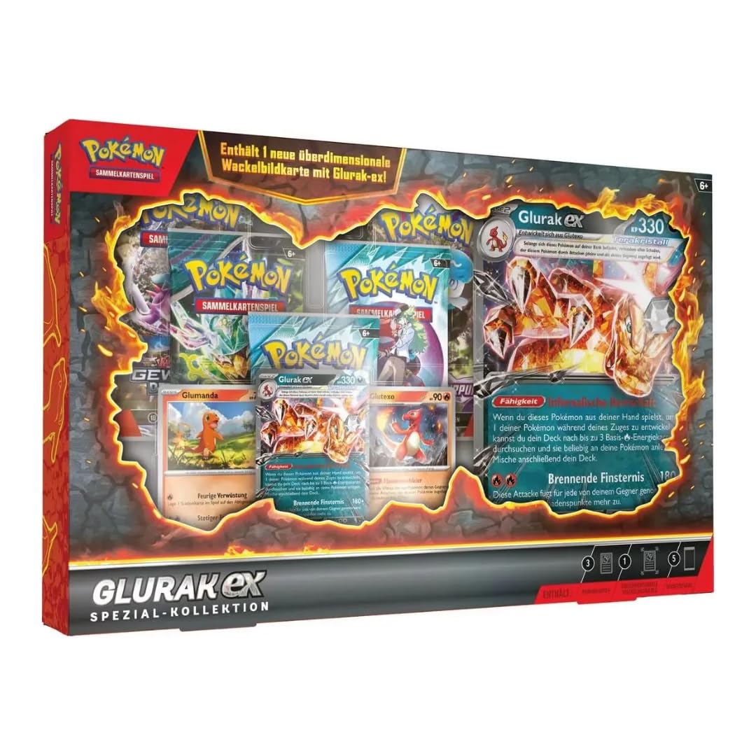 Pokémon Glurak-Ex Special Collection – Tedesco | 1 Promo-Glurak-Ex + 2 Glumanda/Glutexo Hologrammi + 5 Booster + Xxl-Wobbly Card + Protezione di Spedizione Heartforcards®