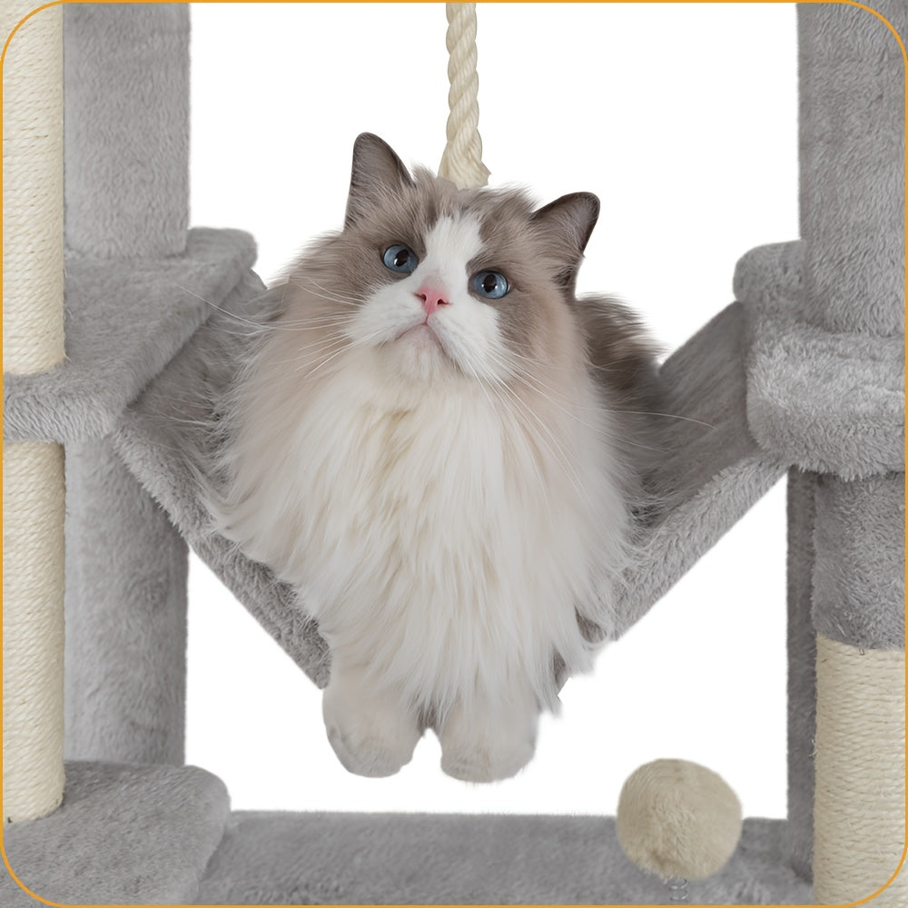 Tiragraffi per Gatti con Ampia Piattaforma, 178 Centimetri, 2 Grotte, 7 Pali per Graffiare, Palline di Peluche, Sedia a Dondolo, Amaca, Adatto a Tutte le Razze di Gatti, Grigio Chiaro, Grigio Scuro/Beige