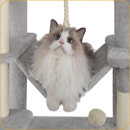 Tiragraffi per Gatti con Ampia Piattaforma, 178 Centimetri, 2 Grotte, 7 Pali per Graffiare, Palline di Peluche, Sedia a Dondolo, Amaca, Adatto a Tutte le Razze di Gatti, Grigio Chiaro, Grigio Scuro/Beige