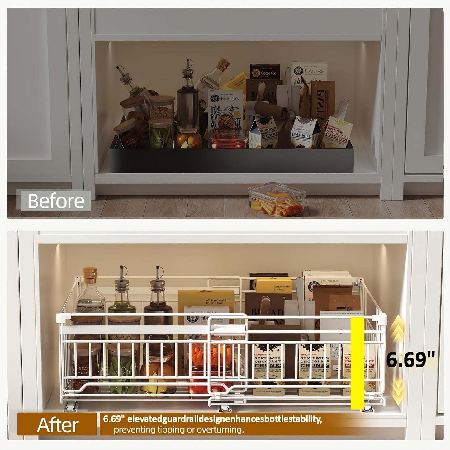 Organizzatore estraibile espandibile per armadietti, confezione da 1/2, ringhiera rialzata da 16.99 cm, larghezza regolabile da 32.99 cm a 50.98 cm, 3 guide, adesivo, non necessita di fori, stacca e incolla, cassetti estraibili adesivi per armadietti, cap