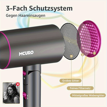 Asciugacapelli da Viaggio Pieghevole con Tecnologia a Ioni Negativi e Controllo della Temperatura - 3 Velocità/Impostazioni di Calore, Pulsante Aria Fredda, Ugello Concentratore, Motore Brushless, Styler per Capelli a Asciugatura Rapida, Tensione (Compati