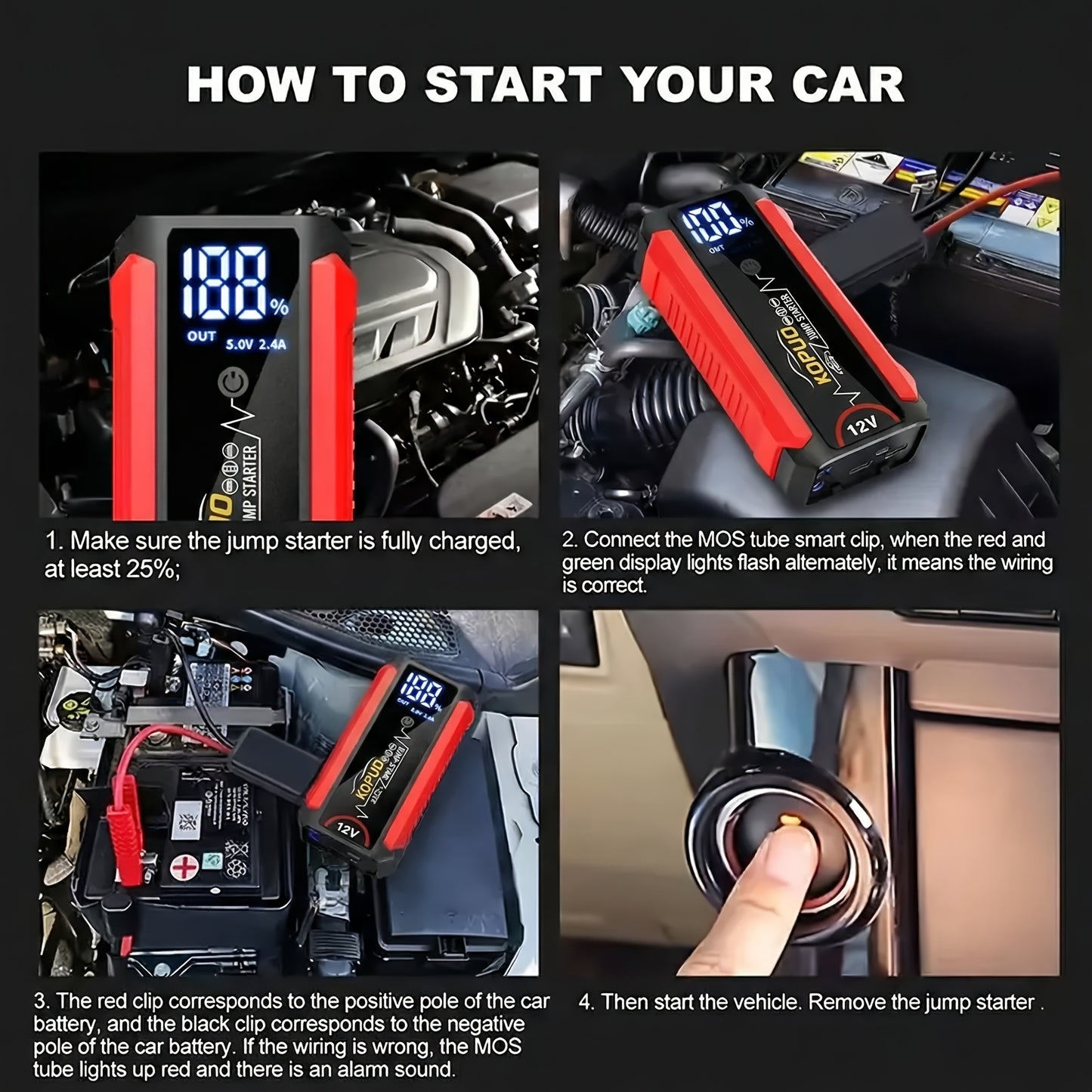 KOPUO 5000A Avviatore di Emergenza per Auto 12V, Avvia Batterie Scariche in Secondi, Booster di Batteria di Emergenza, Fino a 7.5L di Benzina & 5.5L di Diesel, Avviatore di Batteria Portatile per Auto, SUV, Furgoni, Camion & Moto, Display LCD, Torcia LED