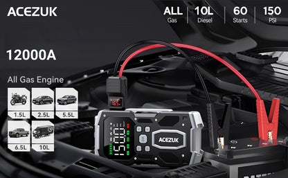 Avviatore di emergenza per auto 12000A con compressore d'aria, booster batteria 12V per tutti i motori a benzina/diesel da 10L, gonfiatore portatile per pneumatici con display LCD, luce LED QC3.0, per SUV, camion, moto con custodia