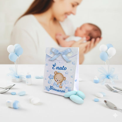 Set 8 Scatoline Bomboniere personalizzate con nome, Prima Nascita, Baby shower, scatole Portaconfetti + 4 mt. nastro raso, Festa nascita bimbo orsetto blu